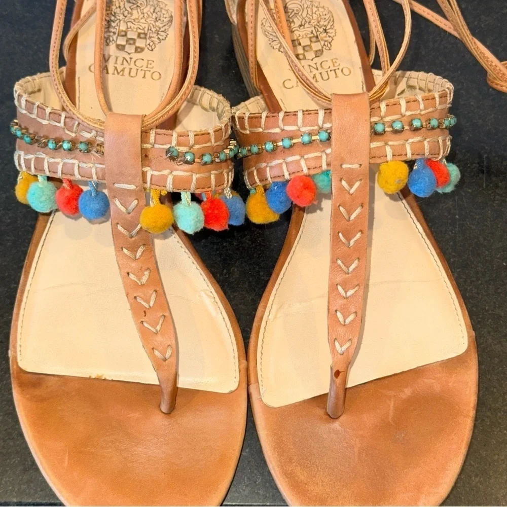 Vince Camuto Balisa Pom Pom Lace-Up Sandals Zip Gladiator Sz 9 Flats shoes
